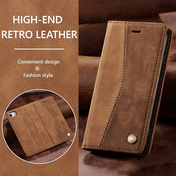 QLTYPRI Case for iPhone 16e, Vintage PU Leather Wallet Case Card Slot Kickstand Magnetic Closure Shockproof Flip Folio Cover for iPhone 16e - Retro Brown