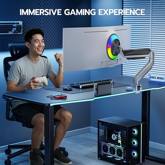 ARES WING Ultrawide Monitor Arm, Heavy Duty Single Monitor Mount for 13"-49" Curved Screens, Adjustable Stand for Desk with C-clamp & Grommet Base up to 40 LBS, Gray