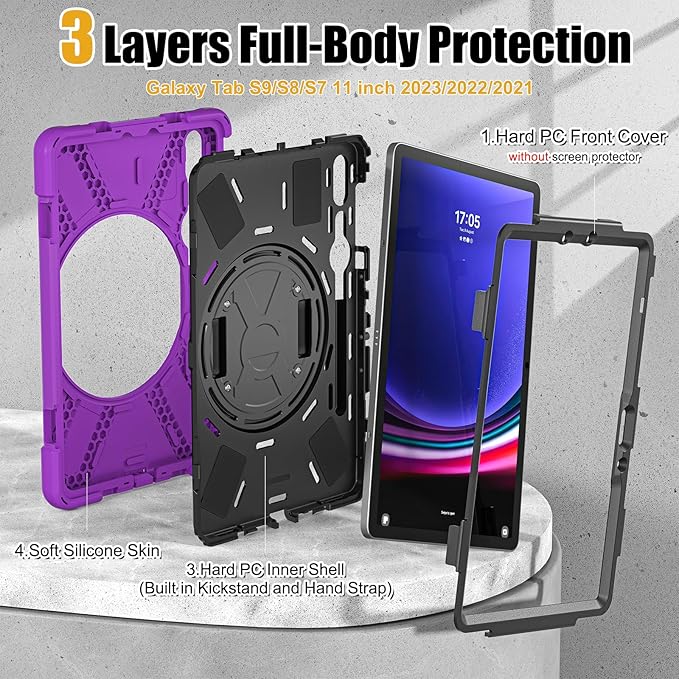 BRAECNstock for Samsung Galaxy Tab S10 Lite/ S10 FE/ S9 FE/ S9/ S8/ S7 5G Case 10.9"/11", Shockproof Protective Kids Case with Pencil Holder, Rotating Hand Strap & Stand, Shoulder Strap, Purple