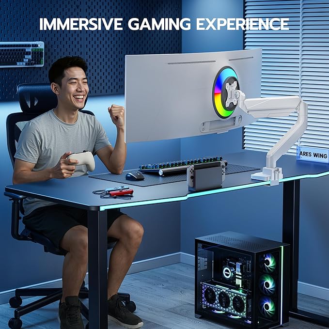 ARES WING Ultrawide Monitor Arm, Heavy Duty Single Monitor Mount for 13"-49" Curved Screens, Adjustable Stand for Desk with C-clamp & Grommet Base up to 40 LBS, White