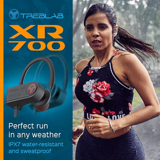 TREBLAB XR700 Wireless Earbuds - Bluetooth 5.0, IPX7 Waterproof, Noise Cancelling, Adjustable Earhooks, 9H Battery, Deep Bass, Mic - Sports Running Headphones for Workouts, Gym, Travel