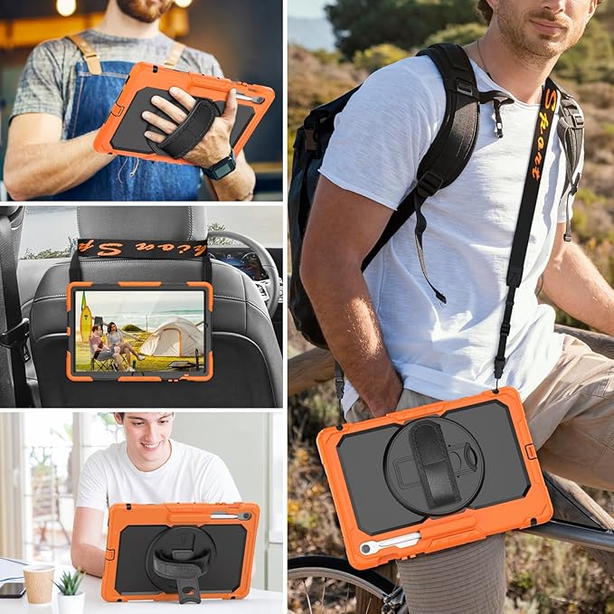 HXCASEAC Case for Samsung Galaxy Tab S7 FE 5G 12.4 inch, Protective with Screen Protector/Hand Strap/S Pen Holder, Heavy Duty Design for Samsung Galaxy S7 FE Tablet Case - Orange