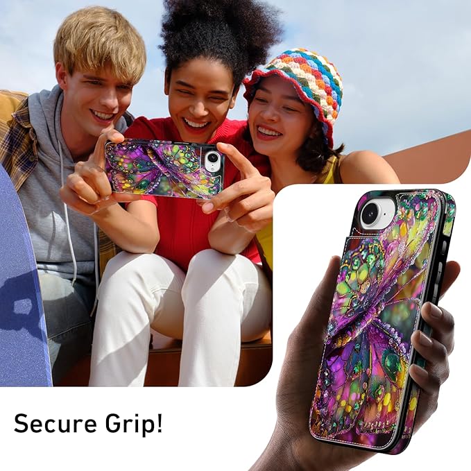 FUNMIKO for iPhone 16e Wallet Case with Card Holder, RFID-Blocking, Military-Grade Protection & UV-Printed Artwork, Magnetic Closure with Leather Kickstand - Vibrant Elegant Butterfly