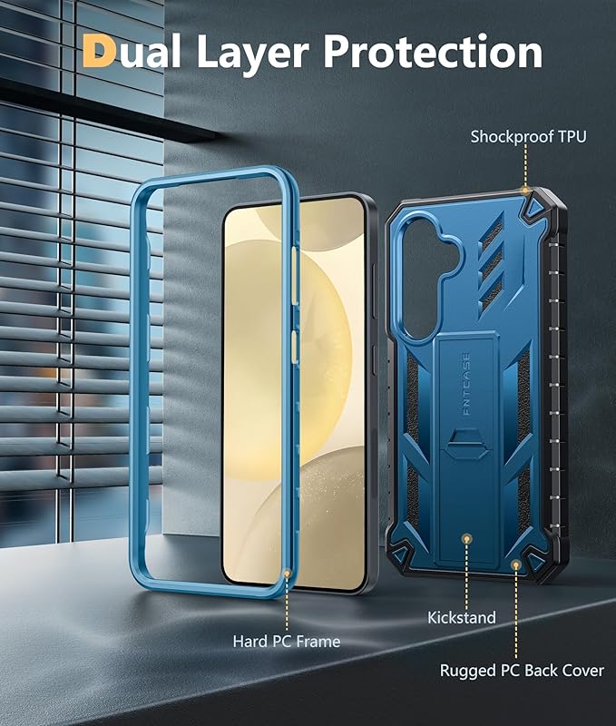 FNTCASE for Samsung Galaxy S24 Case: Military Grade Shockproof Protective Phone Cover with Kickstand | Rugged Full Drop Proof Protection | Dual Layer Matte Textured TPU Cases - 6.2 inches (Blue)