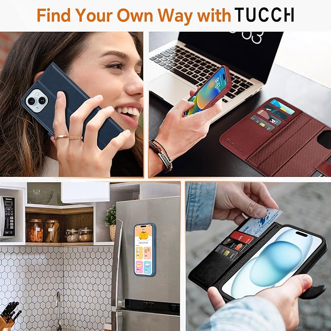 TUCCH Detachable Case Wallet for iPhone 15 Plus, Stand RFID Blocking 4 Card Slot Wireless Charging Shockproof Case, Black