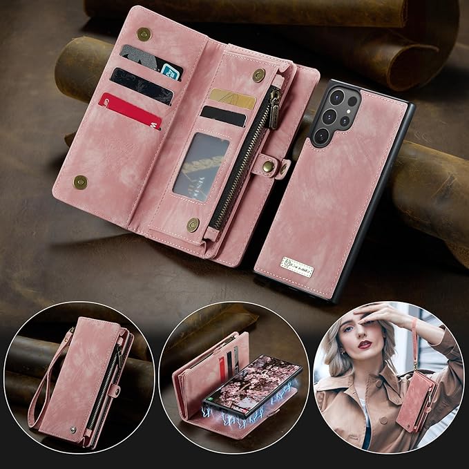 SZHAIYU 2 in 1 Detachable for Samsung Galaxy S25 Ultra Wallet Case with Card Holder, Retro Premium Flip Leather Cover Magnetic Zipper Pocket Phone Cases 6.8'' (Pink, S25 Ultra)