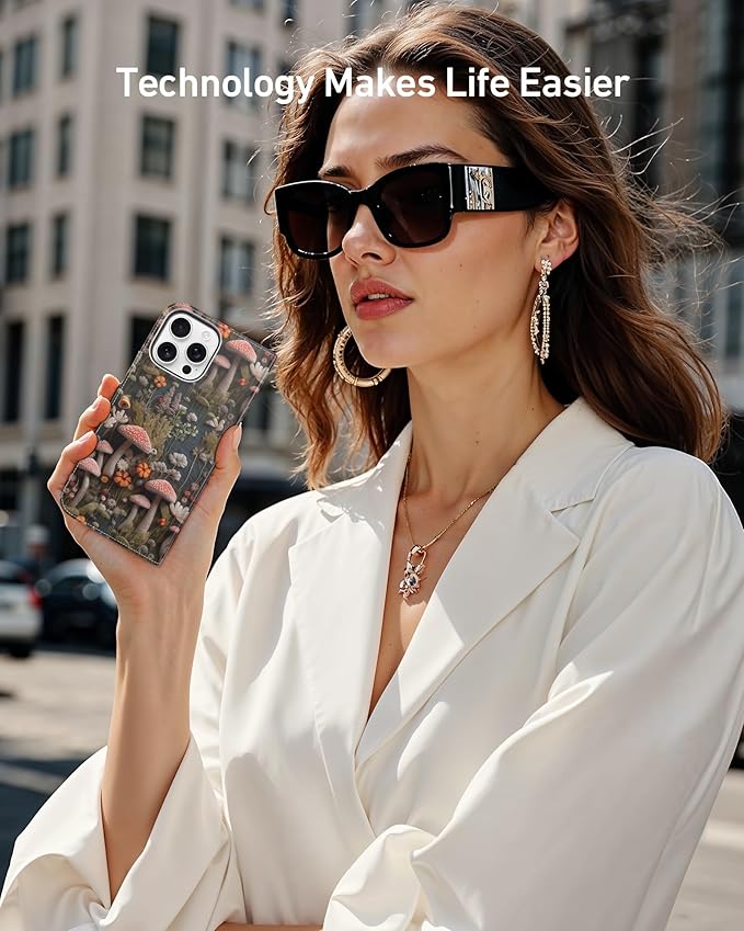 DEENAKIN for iPhone 16 Pro Max Wallet Case with Card Holder + Cash Clip, RFID-Blocking, Military-Grade Drop Protection, Magnetic Closure with Leather Kickstand - Mushroom Floral