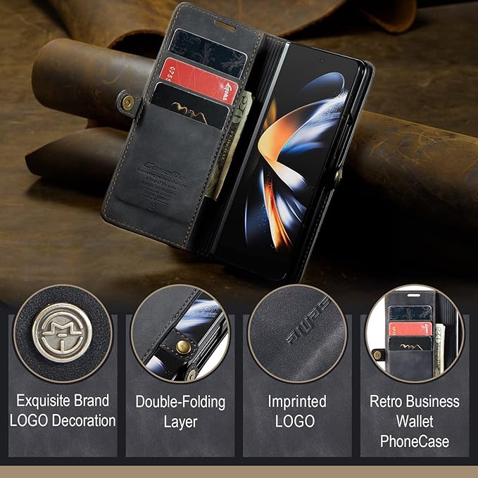 for Samsung Galaxy Z Fold4 Case, Flip Wallet Leather Case with Card Holder Magnetic Closure Shockproof Kickstand Protective Phone Cases Cover for Samsung Galaxy Z Fold4,Black