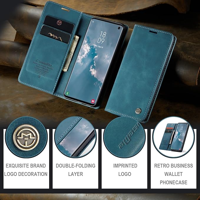 for Samsung Galaxy S10 Case, Flip Wallet Leather Case with Card Holder Magnetic Closure Shockproof Kickstand Protective Phone Cases Cover for Samsung S10,Blue-Green