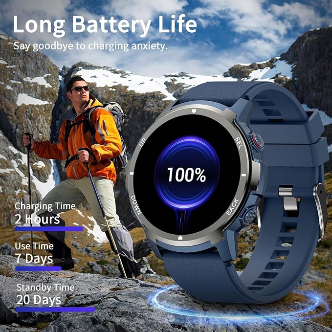 Smart Watches for Men with 4 Buttons, 1.43'' AMOLED Fitness Watch with Heart Rate/BP/Sleep Tracker, Pedometer, 110+ Sport Modes, Password, Waterproof Military Smart Watch for Android iOS