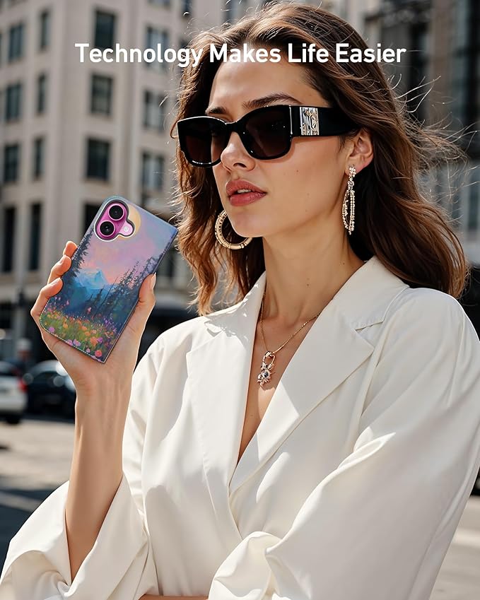 DEENAKIN for iPhone 16 Plus Wallet Case with Card Holder + Cash Clip, RFID-Blocking, Military-Grade Drop Protection, Magnetic Closure with Leather Kickstand - Mountain Blossom Glow