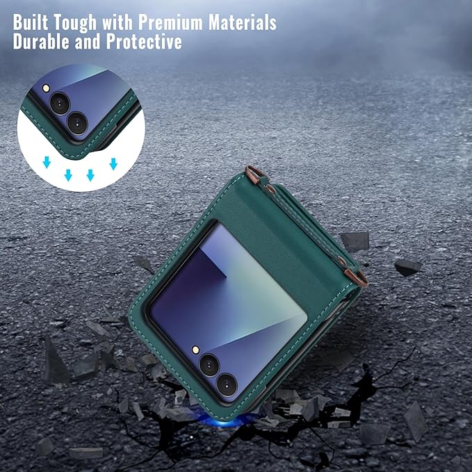 ASAPDOS for Samsung Galaxy Z Flip 7 PU Leather Wallet Phone Case with Card Slots (Holds 5 Cards), Anti-Drop Protection, Wrist & Shoulder Strap Blue Green