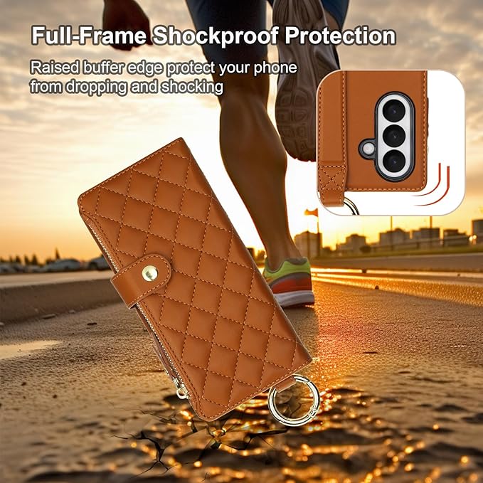 KIHUWEY for Galaxy Z Fold 7 Wallet Case with Card Holder Premium Leather Magnetic RFID Blocking Shockproof Zipper Wrist Strap Lanyard Cover for Samsung Galaxy Z Fold 7 8.0 Inch (Brown)