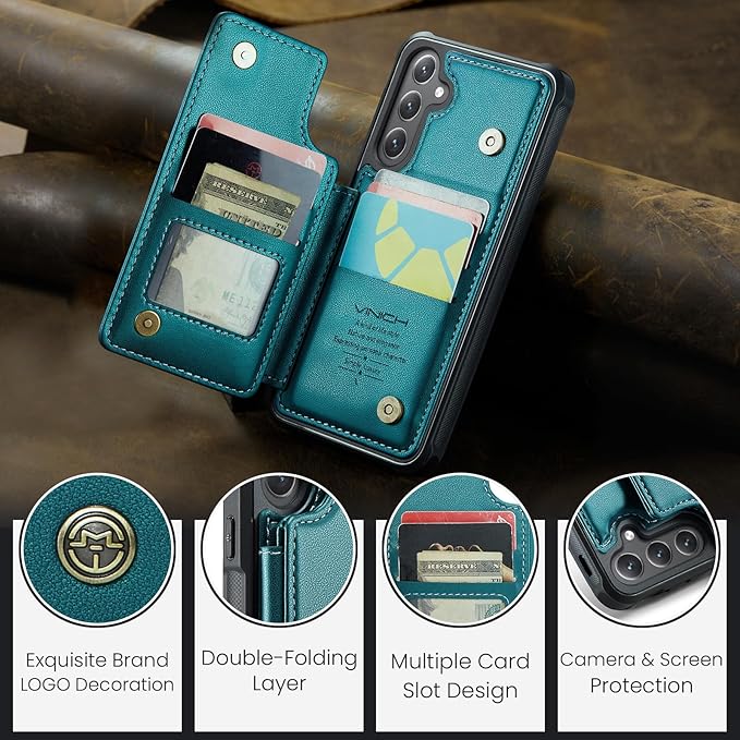 Vinich for Samsung Galaxy S24 Plus Wallet Case with Card Holder, RFID Blocking Credit Slots Kickstand Shockproof Phone Cover for Women Men, Bluish Green