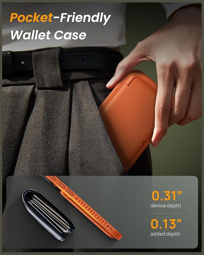 for iPhone 17 Case with Credit Card Holder, Built-in Camera Cover & Stand, Silicone Bumper Raised Edge Multifunctional Full Body Protective Phone Cover Case for iPhone 17 2025, Orange