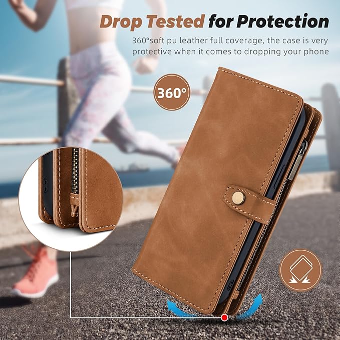 TwoHead for iPhone 12/12 Pro Wallet Case with Card Holder & Detachable Magnetic Phone Case,Leather All-Round Protection Phone Case for Women/Men,6.1IN,Brown
