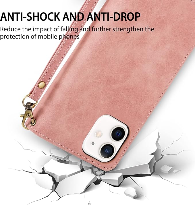 ZZXX for iPhone 12 Case Wallet,iPhone 12 Pro Wallet Case with Card Slot Premium Soft PU Leather Zipper Flip Folio Wallet with Wrist Strap Kickstand Protective for iPhone 12 Wallet Case(Pink 6.1 inch)