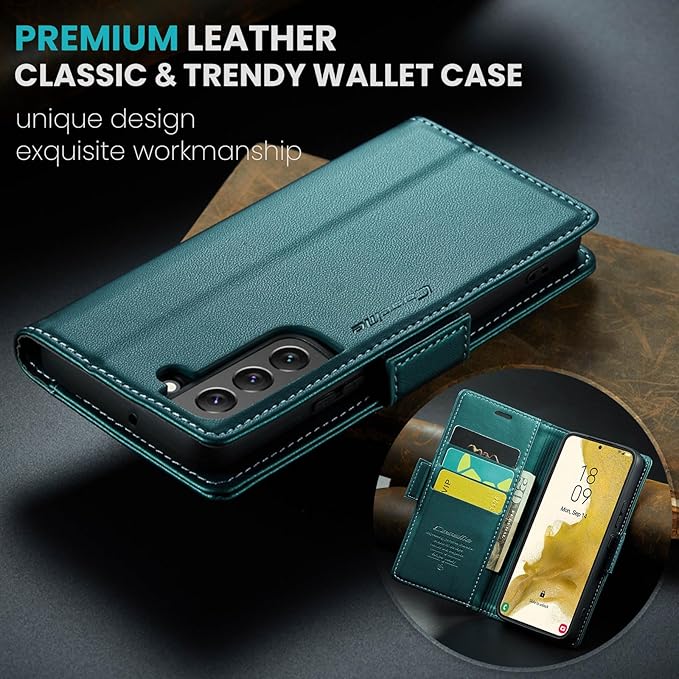 AUPAI for Samsung Galaxy S22 Plus Wallet Case with Credit Card Holder, PU Leather RFID Blocking Folio Flip Kickstand Magnetic Clasp Protective Phone Cover for Women Men Cyan