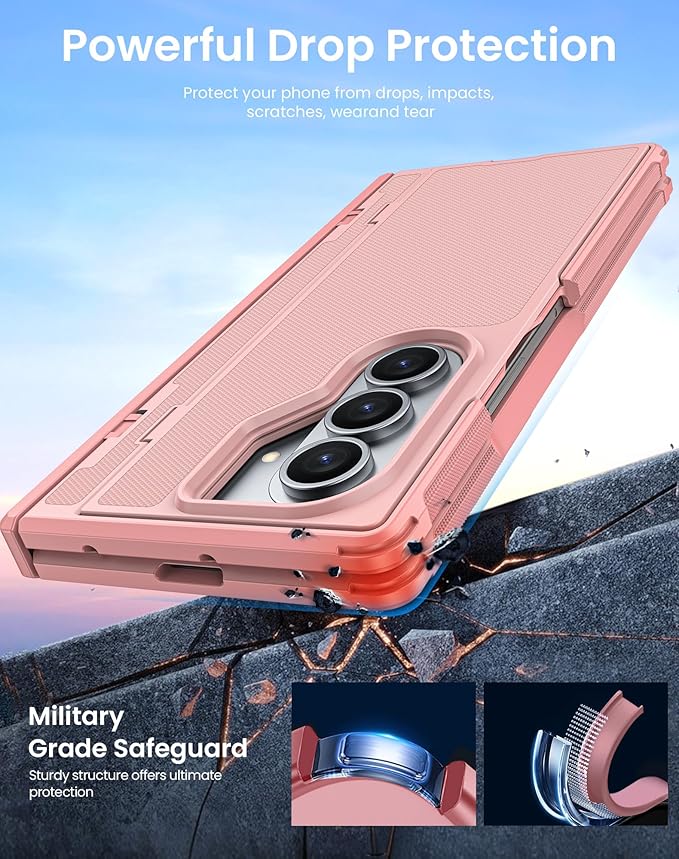 for Galaxy Z Fold 7 Case, Built-in Hidden Kickstand & HD Screen Protector & Hinge Protection, Slim Shockproof Military Grade Drop Protective Phone Case for Samsung Z Fold 7 (Pink)