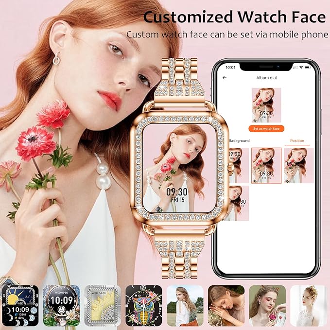 Efolen Smart Watches for Women with Diamonds (Answer/Make Call), 1.57'' Bluetooth Smartwatch for Android iOS Phones, Waterproof Fitness Watch with Heart Rate/SpO2/Sleep/BP/AI Voicer (Rose Gold)