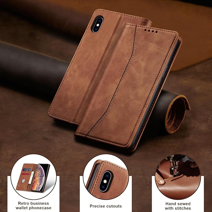 Jasonyu Flip Wallet Case for iPhone Xs Max,Leather Magnetic Folio Cover with Card Holder,Kickstand - TPU Shockproof Durable Protective Phone Case,Brown