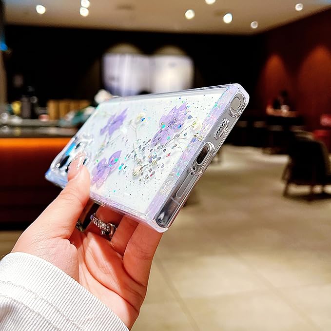 Compatible with Samsung Galaxy S24 Ultra Case Cute Pressed Dried Real Flowers Design Women Girly Shockproof Hard PC+ TPU Bumper Floral Phone Cover for Galaxy S24 Ultra (Light Purple)