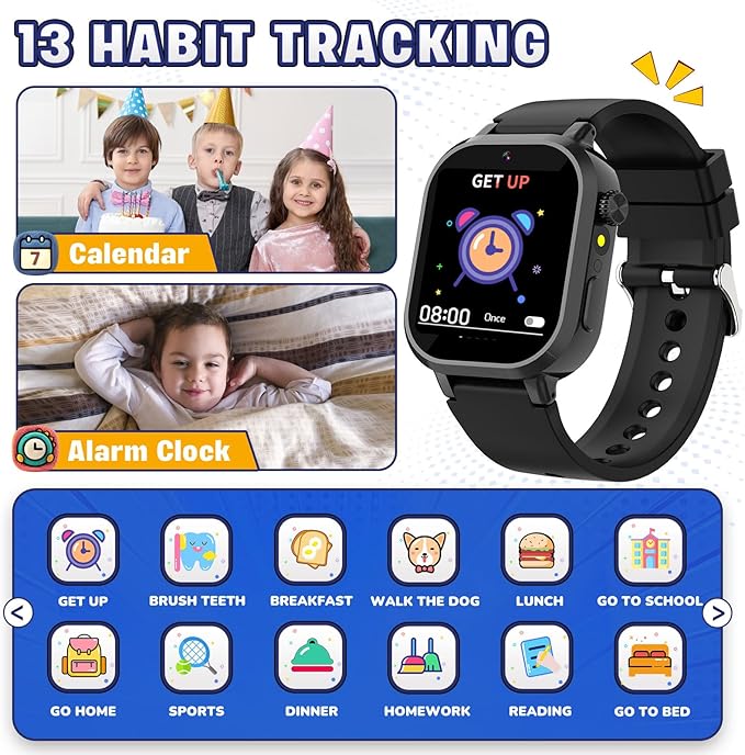 Vakzovy Kids Waterproof Smart Watch Girls Gift Age 3-12 with 39 Game HD Touch Screen Video Camera Music Player Pedometer Alarm Clock Birthday Gift for 6 7 8 9 Year Olds Black