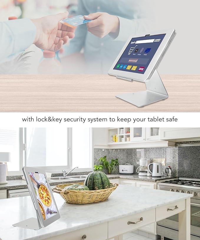 Desktop Anti-Theft Security Kiosk Stand Holder for 2025 iPad 11" (A16) 11th / 2022 iPad 10.9" 10th Gen.,with Lock & Key,Flip &360°Rotating Horizontal or Vertical,Metal(Silver)