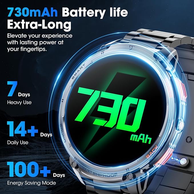 Military Smart Watch for Men 1.85" HD Touch Screen 730mAh Battery Smart Watches with LED Flashlight for Android iOS (Bluetooth Call Answer/Dial Calls) Fitness Tracker with Heart Rate Blood