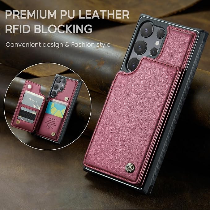 Vinich for Samsung Galaxy S25 Ultra Wallet Case with Card Holder, RFID Blocking Credit Slots Kickstand Shockproof Phone Cover for Women Men, Wine Red