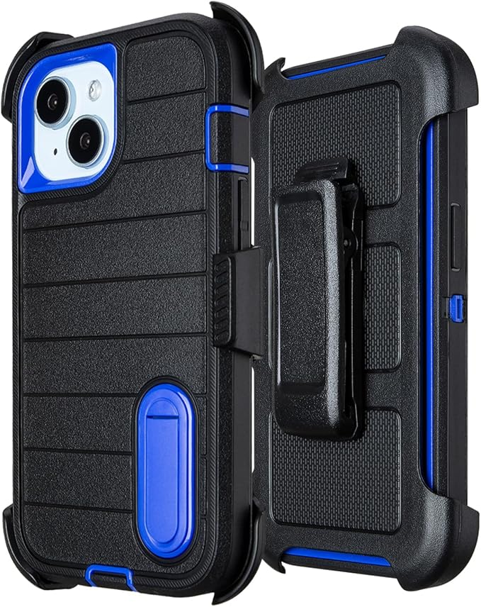 for Rugged iPhone 15 Case with Belt Clip Holster, Military Grade Heavy Duty Shockproof Cover for iPhone15 Case Protective with Stand 6.1 Inch (Black+Blue)