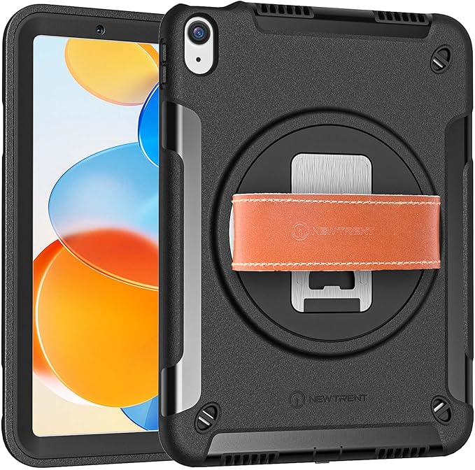 Original Rugged iPad Case for iPad 11 (A16) 11-inch (2025) & iPad 10th Gen 10.9-inch (2022) | 360° Rotating Kickstand, Genuine Leather Hand Strap, Built-in Screen Protector (Black 10 Pcs)