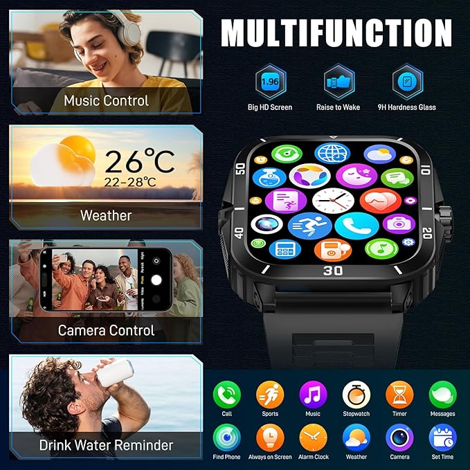 Military Smart Watches for Men (Make/Answer Call) 1.96" Screen Outdoor Activity Tracker with 100+ Sport Modes Health Monitor 3ATM Waterproof Smartwatch