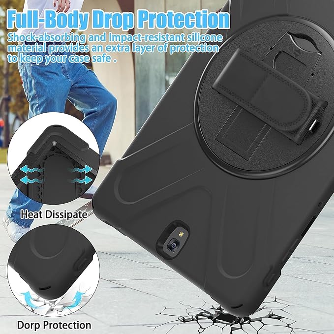 DreamerX for Samsung Galaxy Tab S3 9.7 Case T820/T825/T827, Heavy Duty Rugged Full Body Drop Protective Silicone Cover for Kids with Rotating Stand Handle Hand Strap Carrying Shoulder Strap, Black