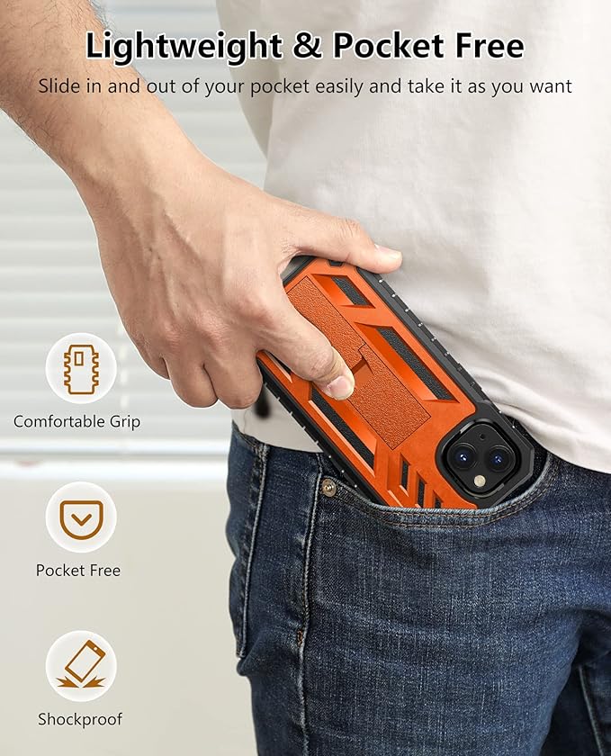 for iPhone 13/14 Protective Case: for iPhone 16e Cover with Built-in Kickstand | Heavy Duty Military Grade Hard Protection Shock Proof | Durable Dual-Layer Design Orange