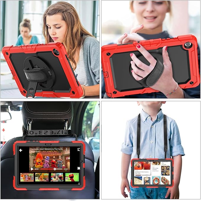 BLOSOMEET Case for Samsung Galaxy Tab A9 Plus with Tempered Glass Screen Protector Shoulder Strap Pencil Holder,Red