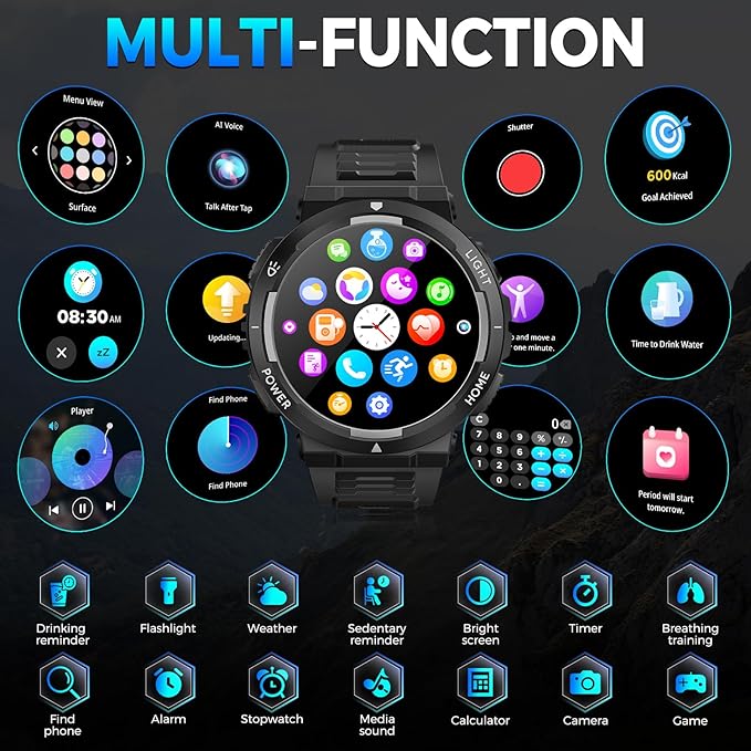 Military Smart Watch for Men(Answer/Make Call), Rugged Smartwatch with LED Flashlight/3ATM Waterproof/400mAh Battery/100+ Sports Modes/Heart Rate/Sleep Monitor, Fitness Tracker for iOS Android