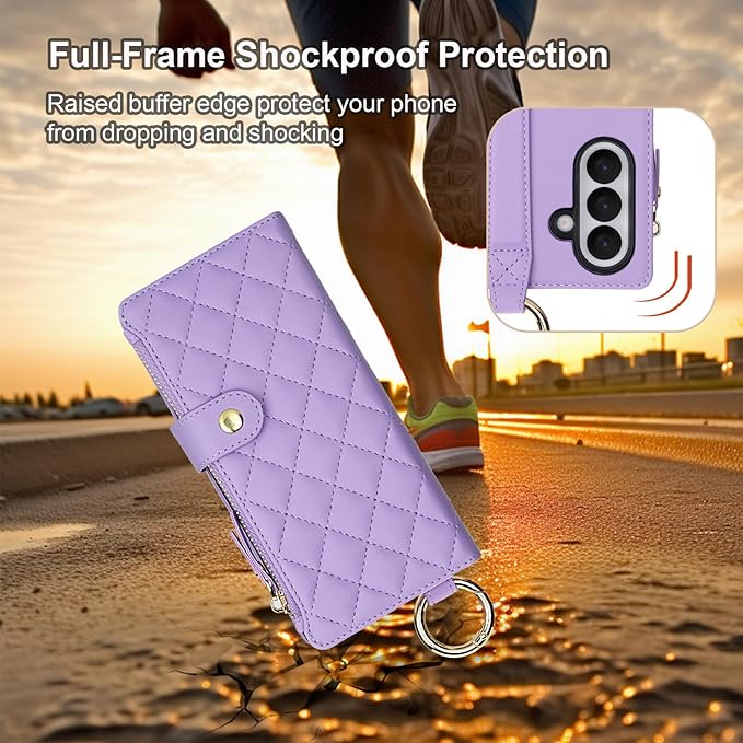KIHUWEY for Galaxy Z Fold 7 Wallet Case with Card Holder Premium Leather Magnetic RFID Blocking Shockproof Zipper Wrist Strap Lanyard Cover for Samsung Galaxy Z Fold 7 8.0 Inch (Purple)