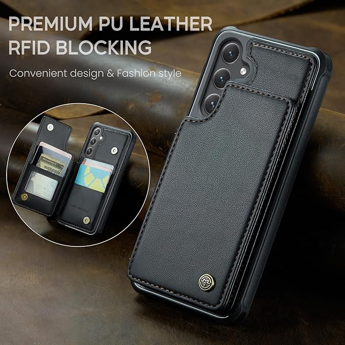 Vinich for Samsung Galaxy S24 FE Wallet Case with Card Holder, RFID Blocking Credit Slots Kickstand Shockproof Phone Cover for Women Men, Black