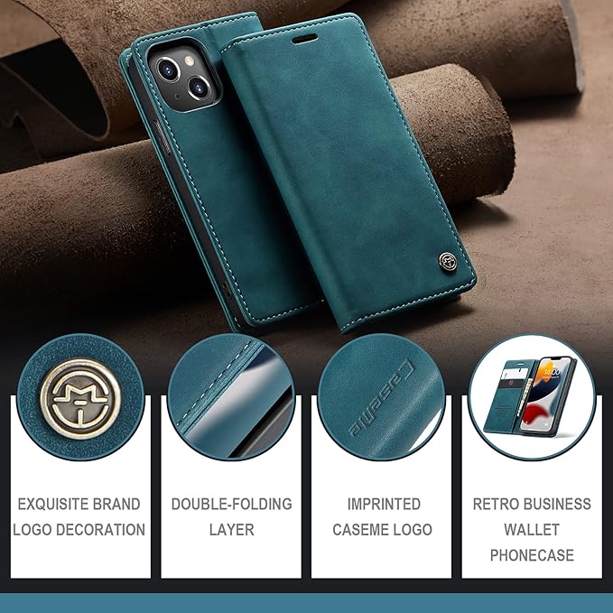 for iPhone 13 Mini Case 5.4", Flip Wallet Leather Case with Card Holder Magnetic Closure Shockproof Kickstand Protective Phone Cases Cover for iPhone 13 Mini,Blue-Green
