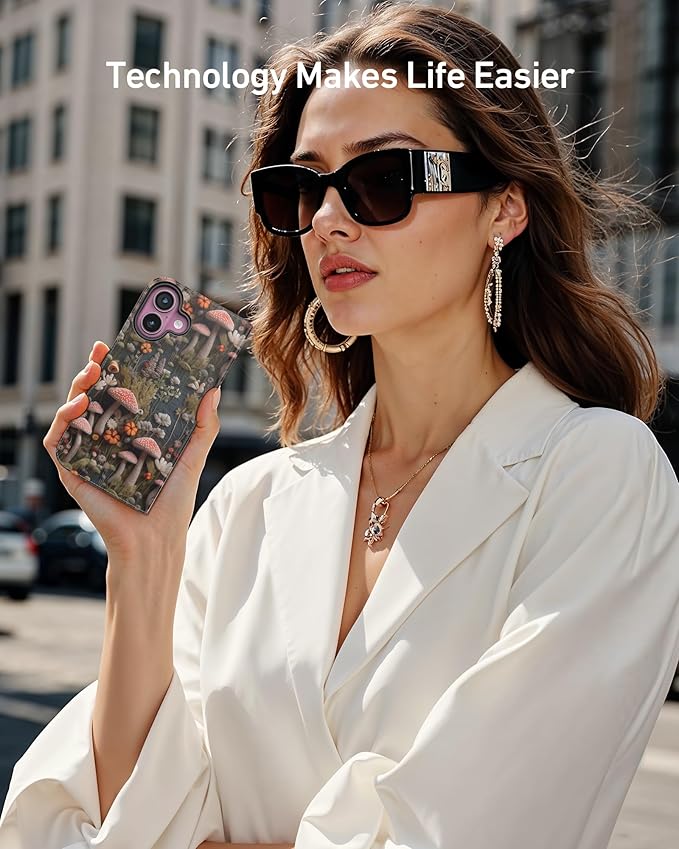 DEENAKIN for iPhone 16 Plus Wallet Case with Card Holder + Cash Clip, RFID-Blocking, Military-Grade Drop Protection, Magnetic Closure with Leather Kickstand - Mushroom Floral