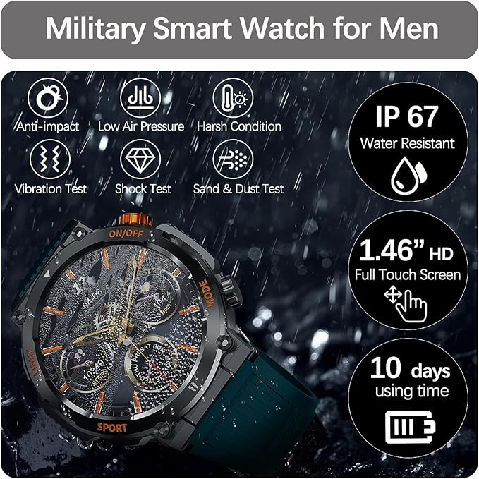 Military Smart Watch for Men with LED Flashlight Compass, Activity Tracker with 110+ Sports Mode Heart Rate Blood Pressure SpO2 Sleep Monitor, 1.46" HD Rugged Bluetooth Smartwatch for Android iOS