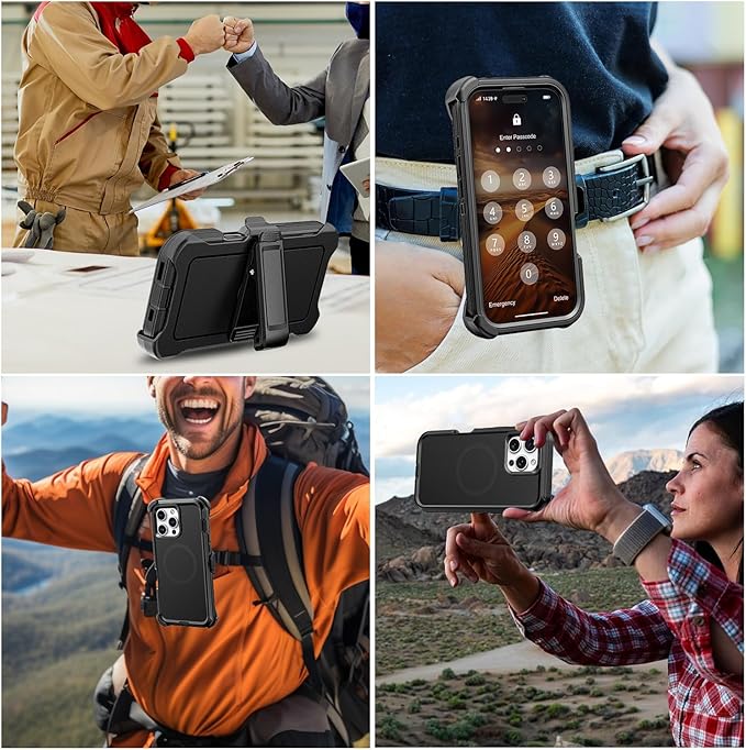 for iPhone 16 Pro Case with Belt Clip Holster, Anti-Shock, Anti-Slip, Compatible with MagSafe, 3-Layer Drop Protection, Heavy Duty Magnetic Phone Case Cover for 16 Pro, 6.3", Black