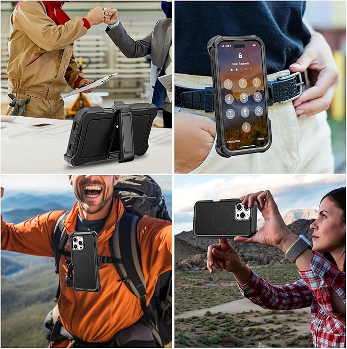for iPhone 16 Pro Max Case with Belt Clip Holster, Anti-Shock, Anti-Slip, Compatible with MagSafe, 3-Layer Drop Protection, Heavy Duty Magnetic Phone Case Cover for16 Pro Max, 6.9", Black