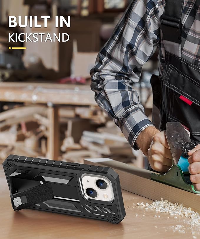 for iPhone 13/14 Protective Case: for iPhone 16e Cover with Built-in Kickstand | Heavy Duty Military Grade Hard Protection Shock Proof | Durable Dual-Layer Design Black