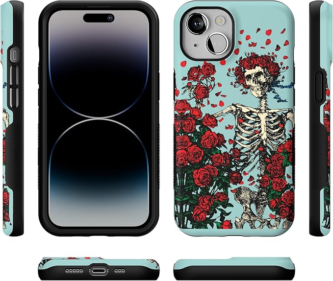 Casely iPhone 14 Case | Forever Grateful | Grateful Dead Skeleton Floral | Compatible with MagSafe | Bold Protective Design