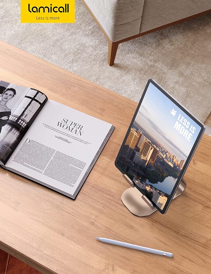 Lamicall Tablet Stand, Adjustable Tablet Holder - Desktop Stand Dock Holder Compatible with 4-13" Tablets Such as iPad Pro 11, 9.7, 10.5, 12.9 Air Mini, Kindle, Tab, iPhone Air 17 Pro Max, Gold