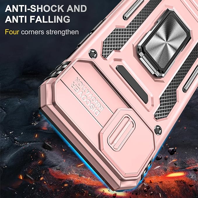 Phone Case for iPhone 14 Plus Case with Camera Cover, with Ring Holder Kickstand, with Magnetic Car Mount Function, for iPhone 14 Plus (Rose Gold)