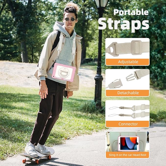 Case for iPad 9th/8th/7th Generation-Built-in Screen Protector,with Pencil Holder&360°Rotating Hand Strap,Shoulder Strap,Case for iPad 10.2 inch 2021-2019(Pink/Beige)