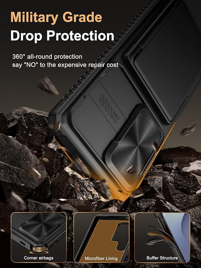 Vihibii for Samsung Galaxy S25 Ultra Case with Card Holder (4 Cards), Built-in 2X Tempered Glass Screen Protector & Slide Camera Cover, Rugged & Shockproof Wallet Case for S25 Ultra 6.9" 2025, Black